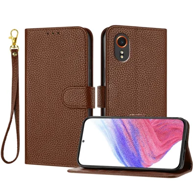 For Samsung Galaxy Xcover7 Leather Case Litchi Texture Wallet Stand Anti Drop Phone Cover with Wrist Strap - Brown