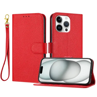 For iPhone 15 Pro Max Leather Case Litchi Texture Wallet Stand Anti Drop Phone Cover with Wrist Strap - Red