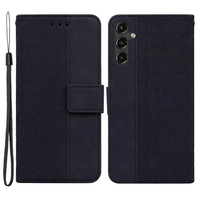 For Samsung Galaxy A14 5G / A14 4G Geometry Pattern Imprinted Wallet Stand Phone Case PU Leather + TPU Cover with Strap - Black