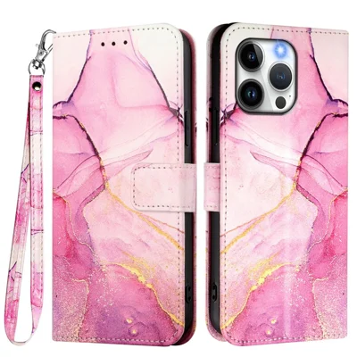 For Motorola Moto G85 5G / Motorola Edge 50 Fusion 5G Case with Strap Marble Pattern Leather Phone Cover Card Holder - Pink / Purple / Gold LS001