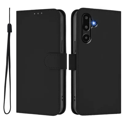Til Samsung Galaxy M16 5G / Galaxy F16 5G Taske Enfarvet Lommebogstaske i Læder med Rem - Sort