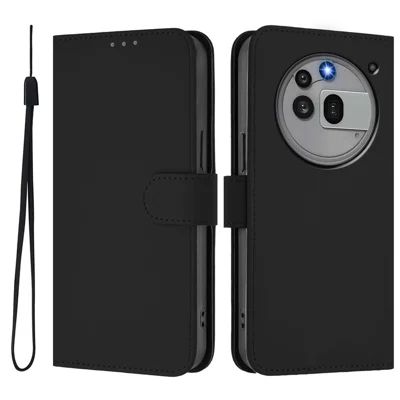 For Nothing Phone (3a) Pro Case Solid Color Wallet Leather Phone Cover with Strap - Black
