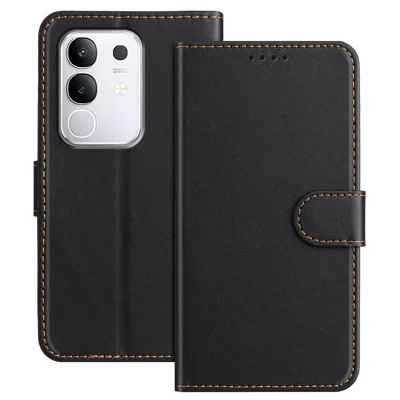 For vivo Y29 4G Leather Case Wallet Stand Solid Color Anti Drop Phone Cover - Black