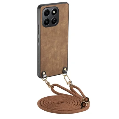 For Honor X6b 4G Retro Leather Phone Back Cover with Adjustable Strap - Brown