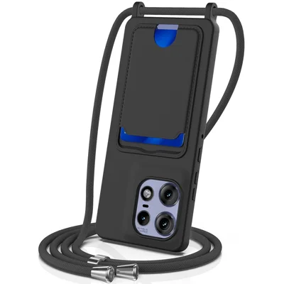For Motorola Edge 50 Pro 5G Case Liquid Silicone Card Holder Back Phone Cover with Lanyard - Black