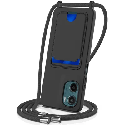 Voor Motorola Moto E15 4G / Motorola Moto G05 4G hoesje van vloeibare siliconen met kaarthouder en achterklep met lanyard - Zwart