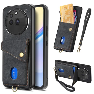 For Nothing Phone (3a) Pro Case with Card Holder Kickstand Leather Phone Back Cover - Black