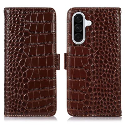 For Samsung Galaxy A18 5G / A18 4G / A17 5G / A17 4G / A26 5G / A16 5G / A16 4G Case Crocodile Texture Genuine Cow Leather Phone Wallet Cover - Brown