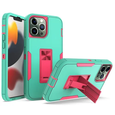 Bulk Purchasing For iPhone 15 Pro Shockproof Case TPU PC Kickstand Phone Cover Support Magnetic Car Mount - Blue-Green / Rose