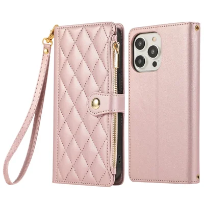 Voor iPhone 16 Pro hoesje met meerdere kaartsleuven, rits, ruitvormig lederen telefoonhoesje met polsbandje - Roze goud