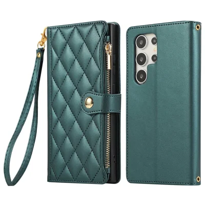 For Samsung Galaxy S24 Ultra Case Multi Card Slots Zipper Rhombus Leather Phone Cover with Wrist Strap - Green