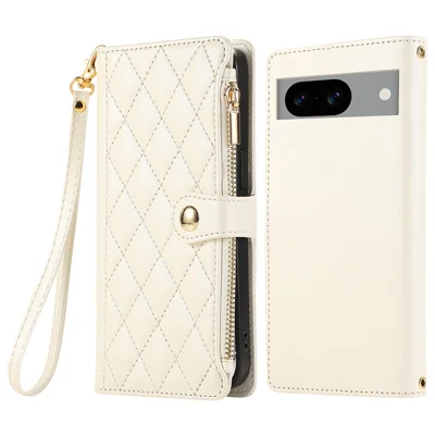 For Google Pixel 8a Case Multi Card Slots Zipper Rhombus Leather Phone Cover with Wrist Strap - Beige