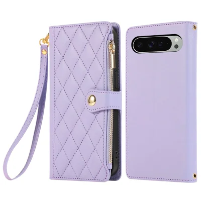 For Google Pixel 9 Pro XL Case Multi Card Slots Zipper Rhombus Leather Phone Cover with Wrist Strap - Purple