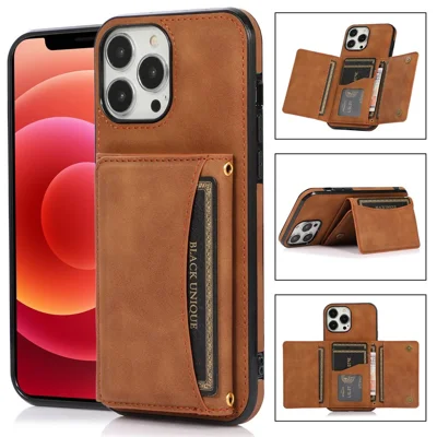 For iPhone 15 Pro Phone Case Tri-Fold Wallet Kickstand PU Leather + TPU Back Cover - Brown