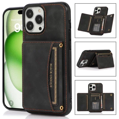 For iPhone 16 Pro Phone Case Tri-Fold Wallet Kickstand PU Leather + TPU Back Cover - Black