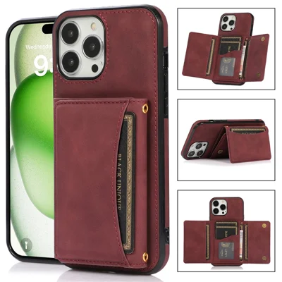 For iPhone 16 Pro Phone Case Tri-Fold Wallet Kickstand PU Leather + TPU Back Cover - Red