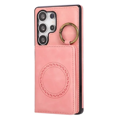 For Samsung Galaxy S24 Ultra Case Card Holder Kickstand Leather + TPU Phone Cover with Ring Holder - Rose Gold