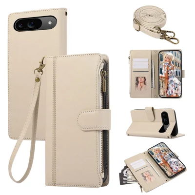 For Google Pixel 9 / 9 Pro Case Multi Card Slots Zipper Leather Phone Cover with Shoulder Strap / Wrist Strap - Beige