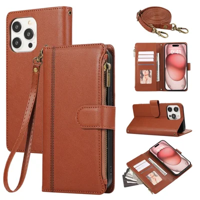 For iPhone 15 Pro Max-hoesje met meerdere kaartsleuven, portemonnee van leer met schouderband / polsband - Bruin
