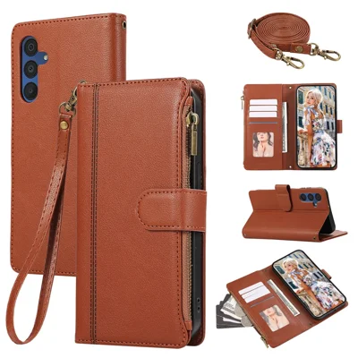For Samsung Galaxy A16 4G / 5G / A26 5G Case Multi Card Slots Zipper Leather Phone Cover with Shoulder Strap / Wrist Strap - Brown