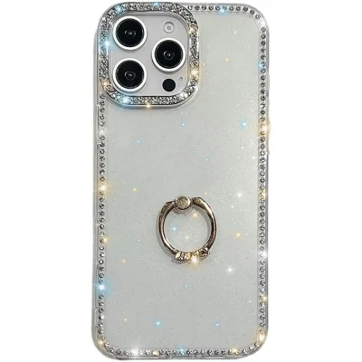 For iPhone 14 Pro Case with Ring Kickstand Rhinestone Edge TPU + PC IMD Phone Cover - Glitter Transparent