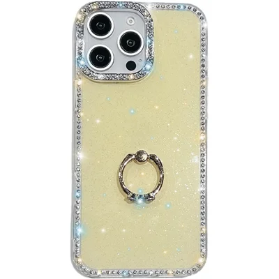 For iPhone 15 Pro Case with Ring Kickstand Rhinestone Edge TPU + PC IMD Phone Cover - Glitter Light Yellow