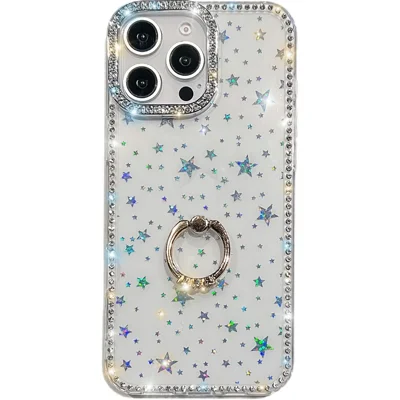 For iPhone 16 Pro Case with Ring Kickstand Rhinestone Edge TPU + PC IMD Phone Cover - Starry Transparent
