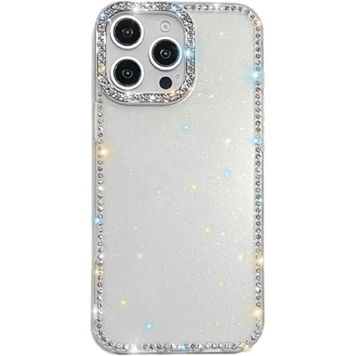 For iPhone 15 Pro Max Case Rhinestone Edge Glitter Back TPU + PC IMD Phone Cover - Glitter Transparent