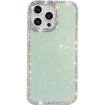 For iPhone 15 Pro Case Rhinestone Edge Glitter Back TPU + PC IMD Phone Cover - Glitter Light Green