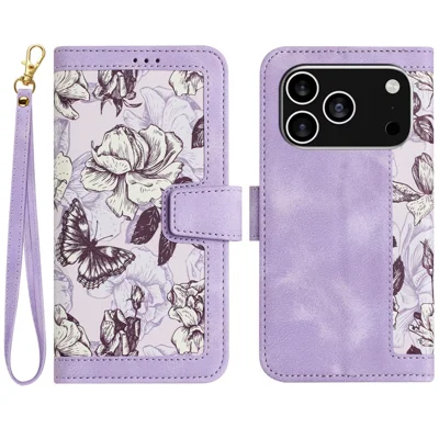 For iPhone 17 Pro Case PU Leather Floral Phone Cover with Card Slots / Wrist Strap - Light Purple