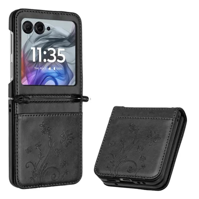 Leather Case for Motorola Razr 70 / 60 / 50 5G / Razr 2026 / 2025 / 2024 Butterfly Flower Imprinted Phone Cover with Strap - Black