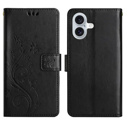 For iPhone 17 Leather Wallet Case Butterfly Flower Imprinted Phone Cover with Strap - Black