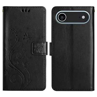 For iPhone Air Leather Wallet Case Butterfly Flower Imprinted Phone Cover with Strap - Black