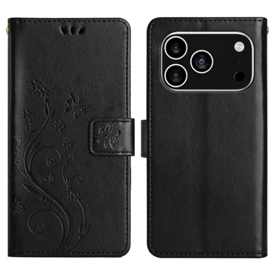 For iPhone 17 Pro Leather Wallet Case Butterfly Flower Imprinted Phone Cover with Strap - Black