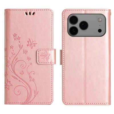Läder för iPhone 17 Pro Max plånboksfodral med fjäril och blommönster, inpräntat huvudskydd med rem – Rosenbland guld