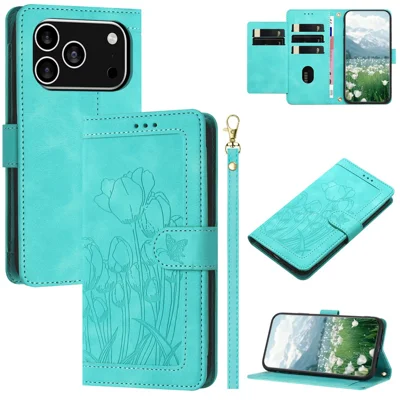 For iPhone 17 Pro Case Tulip Leather Phone Cover with 5 Card Slots Wallet - Green