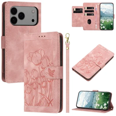 For iPhone 18 Pro Max / 17 Pro Max Case Tulip Leather Phone Cover with 5 Card Slots Wallet - Pink