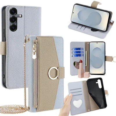 Voor Samsung Galaxy S25 Hoesje Spiegel Portemonnee Leren Telefoonhoes met Ketting Schouderriem - Blauw