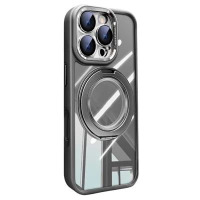 For iPhone 16 Pro Case Magnetic Rotating Kickstand PC + TPU Phone Cover with Detachable Camera Lens Film - Grey