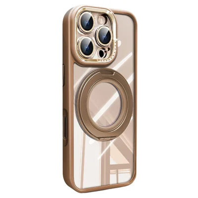 For iPhone 16 Pro Case Magnetic Rotating Kickstand PC + TPU Phone Cover with Glitter Camera Lens Film - Titanium Gold