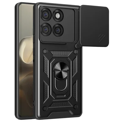 For Motorola Edge 60 Pro 5G Case with Slide Camera Lid PC + TPU Kickstand Phone Cover - Black