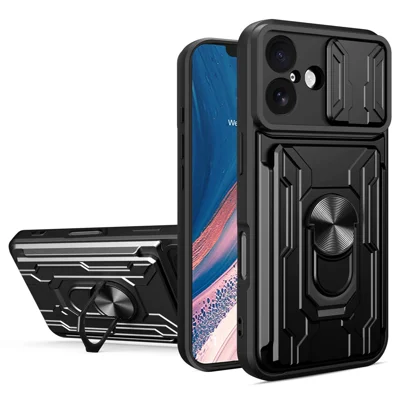 For iPhone 17 Case PC + TPU Kickstand Phone Back Cover with Camera Slider - Black