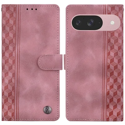 For Google Pixel 9 Pro  /  Pixel 9 Leather Case Imprinted Checkered Pattern Wallet Stand Flip Phone Cover - Pink