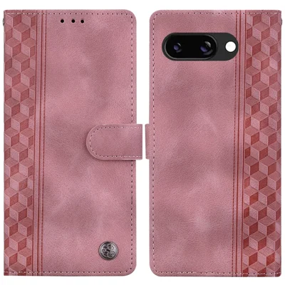 For Google Pixel 9a Leather Case Imprinted Checkered Pattern Wallet Stand Flip Phone Cover - Pink