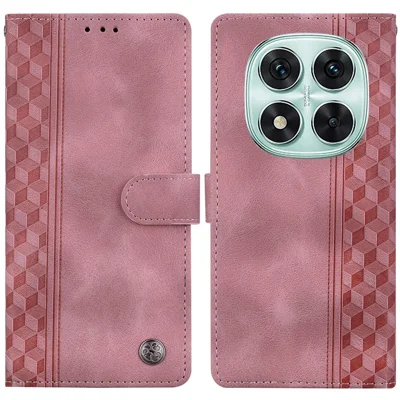 For Xiaomi Redmi Note 14 Pro 4G Leather Case Imprinted Checkered Pattern Wallet Stand Flip Phone Cover - Pink