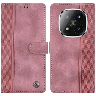 For Xiaomi Redmi Note 14 Pro+ 5G Leather Case Imprinted Checkered Pattern Wallet Stand Flip Phone Cover - Pink