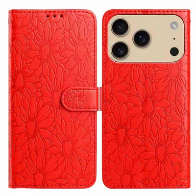 For iPhone 18 Pro Max / 17 Pro Max Leather Case Daisy Imprint Wallet Stand Phone Protective Cover - Red