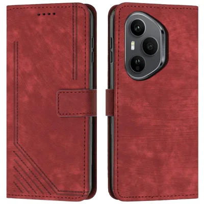 Stand Case for Honor 400 Pro 5G (Global) Imprinted Lines Leather Phone Cover - Red