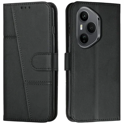 Leather Phone Case for Honor 400 Pro 5G (Global) Stand Wallet Flip Cover with Strap - Black