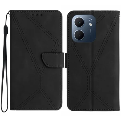 For Oppo A5x 5G  /  4G Case Skin Touch Lines Imprinted PU Leather Flip Phone Cover - Black
